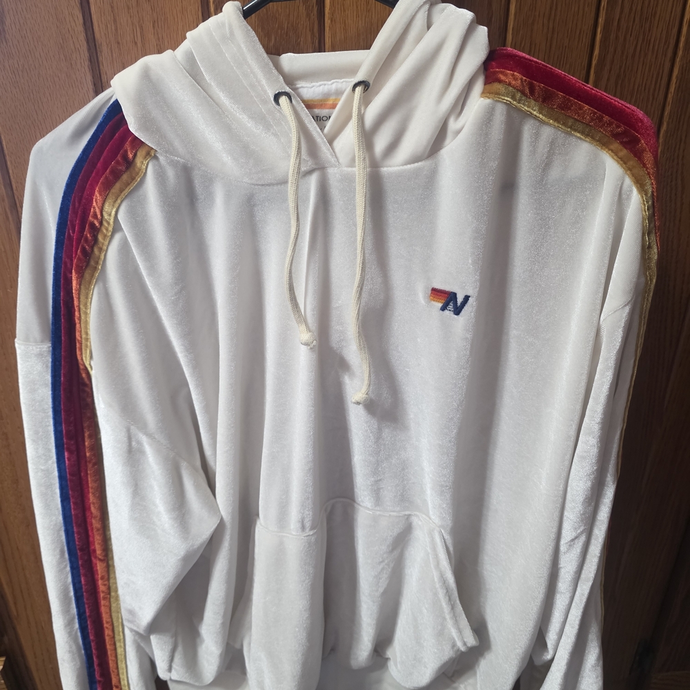 Aviator Nation White Hoodie with Rainbow Stripes